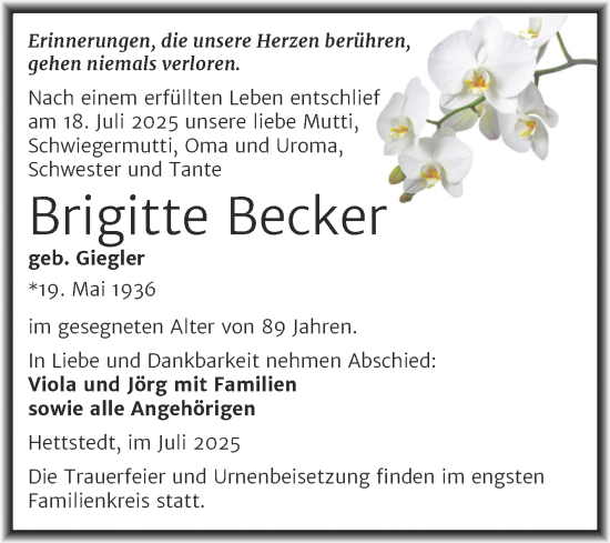 Traueranzeige von Brigitte Becker von Trauerkombi Mansfelder Land