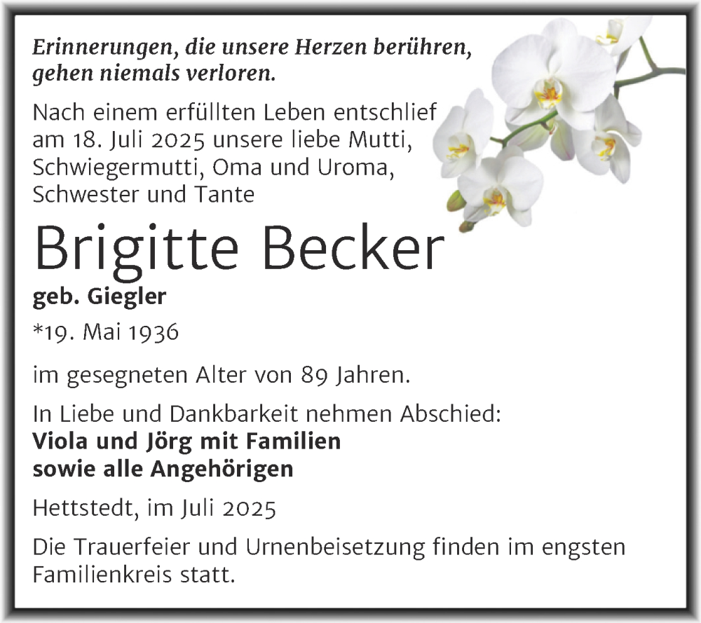  Traueranzeige für Brigitte Becker vom 02.08.2025 aus Trauerkombi Mansfelder Land