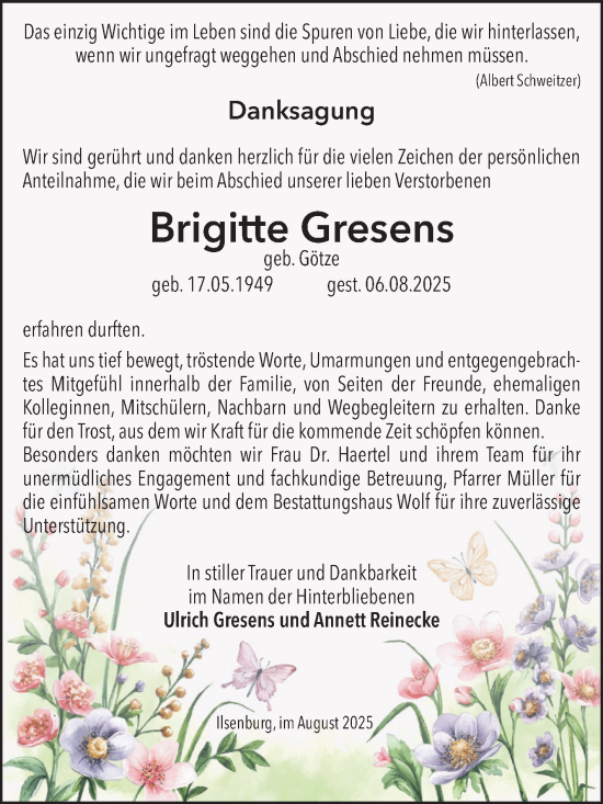 Traueranzeige von Brigitte Gresens von Volksstimme Wernigerode