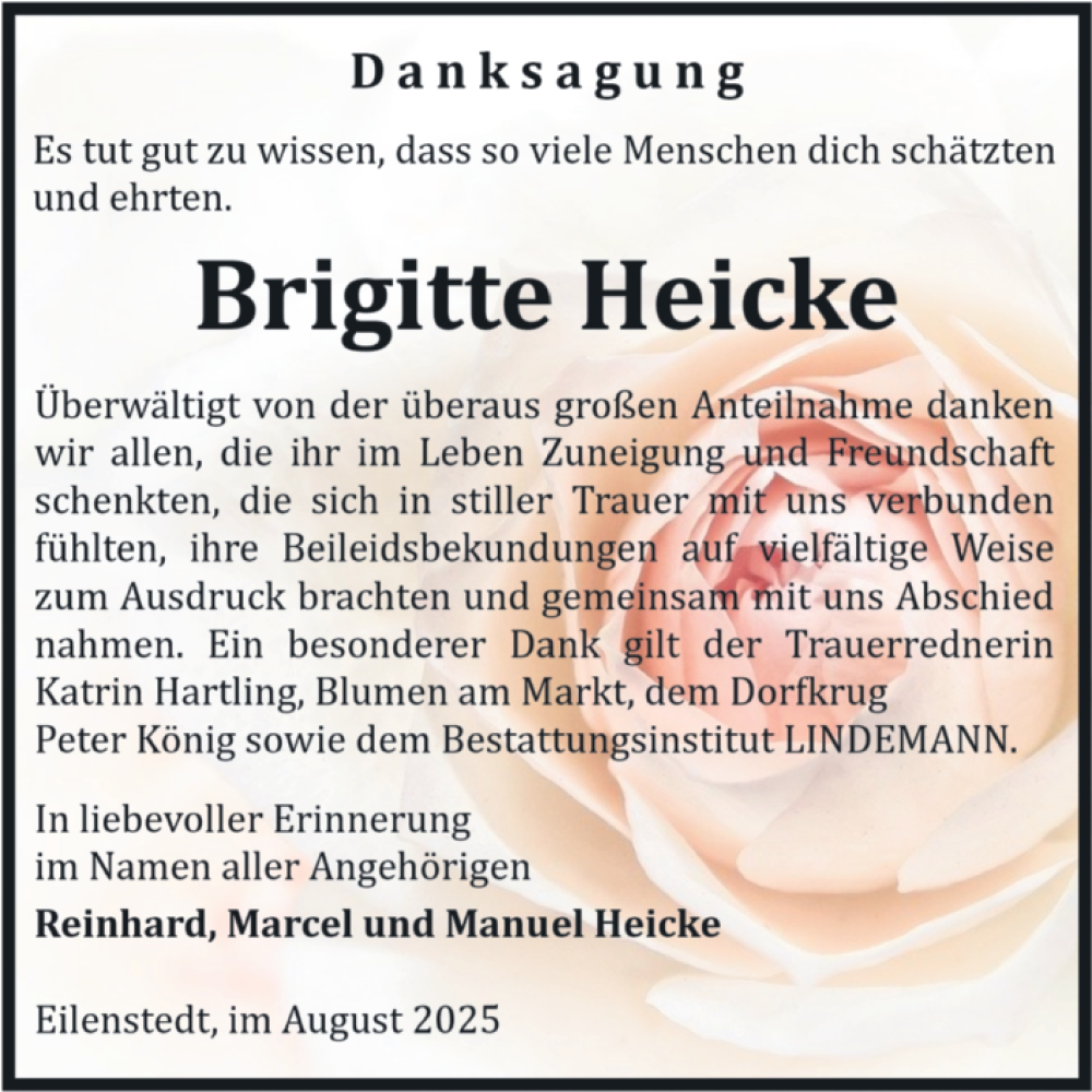  Traueranzeige für Brigitte Heicke vom 09.08.2025 aus Volksstimme Halberstadt