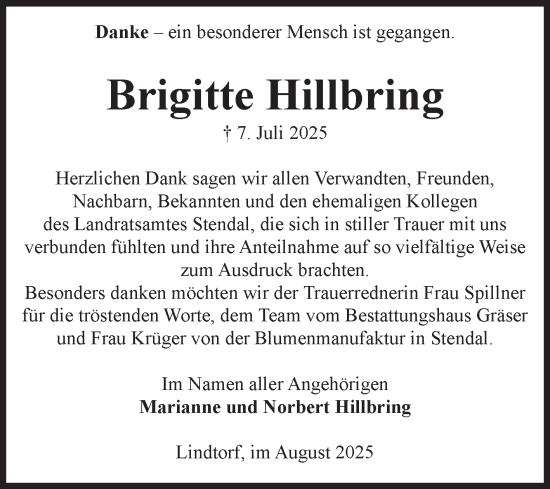 Traueranzeige von Brigitte Hillbring von Volksstimme Altmark Ost