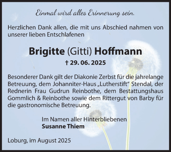 Traueranzeige von Brigitte Hoffmann von Volksstimme Zerbst