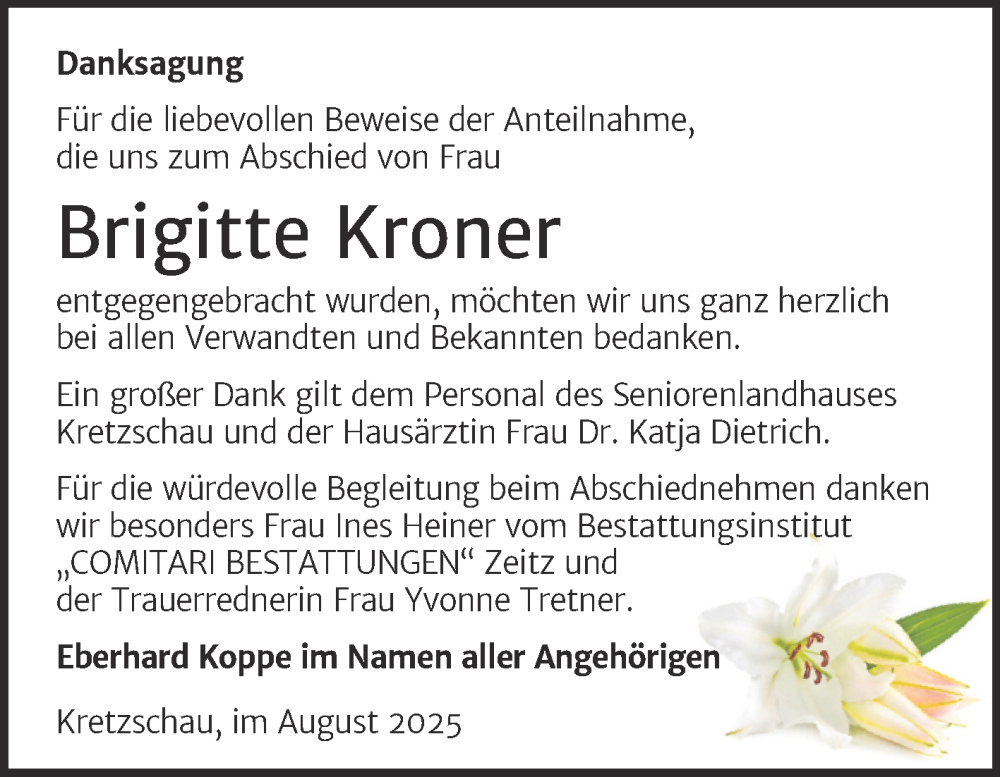  Traueranzeige für Brigitte Kroner vom 30.08.2025 aus Trauerkombi Zeitz