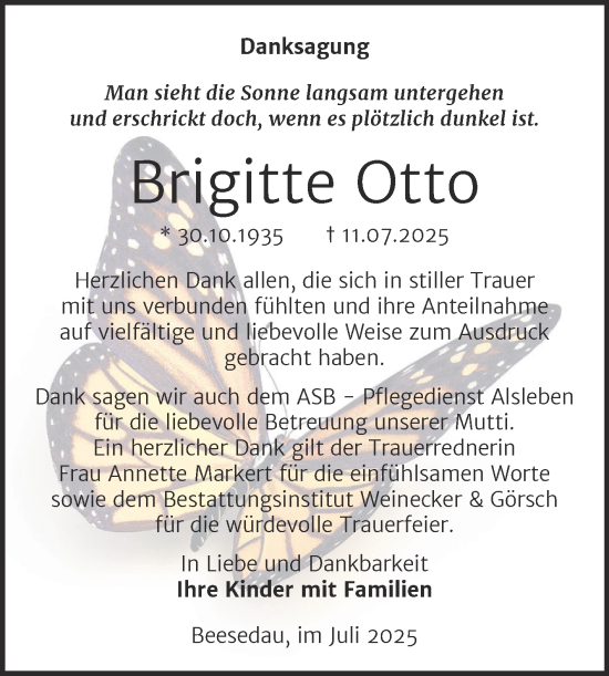 Traueranzeige von Brigitte Otto von Trauerkombi Bernburg