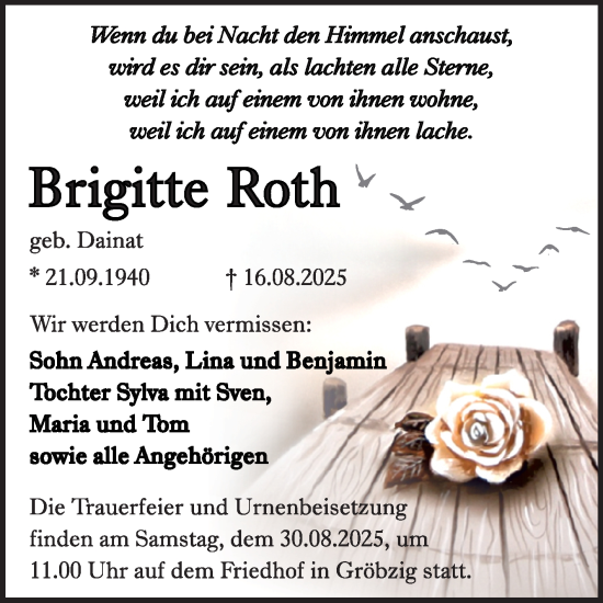 Traueranzeige von Brigitte Roth von Trauerkombi Aschersleben