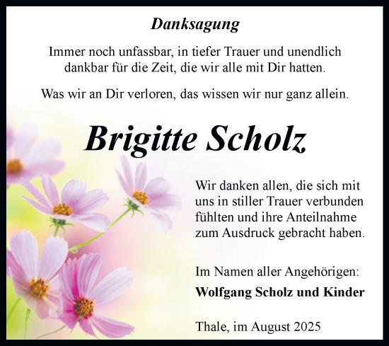 Traueranzeige von Brigitte Scholz von Trauerkombi Quedlinburg