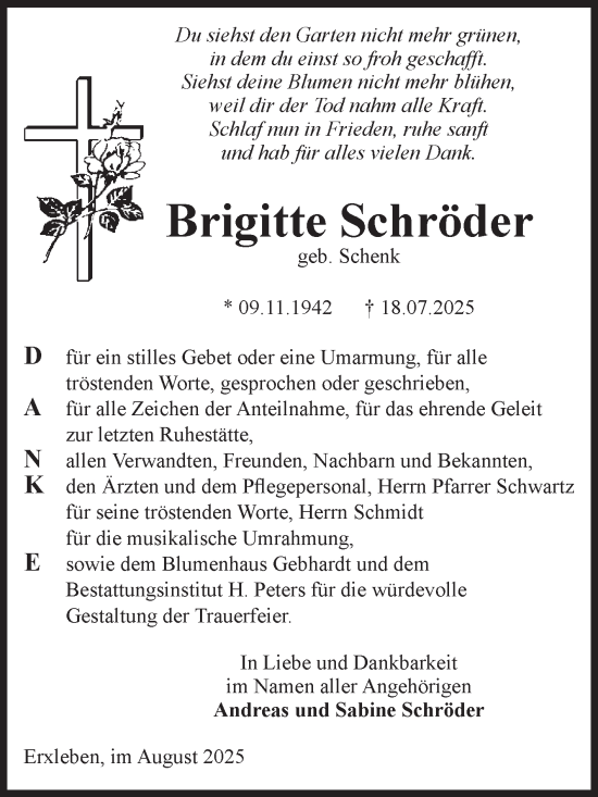 Traueranzeige von Brigitte Schröder von Volksstimme Haldensleben/Wolmirstedt