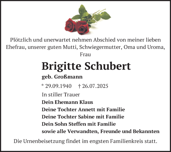 Traueranzeige von Brigitte Schubert von Trauerkombi Zeitz