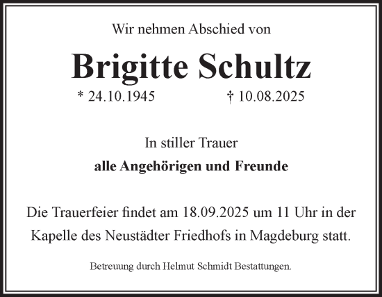 Traueranzeige von Brigitte Schultz von Volksstimme Magdeburg