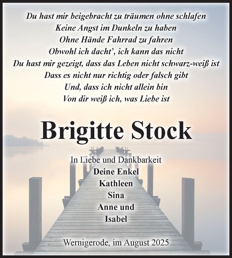  Traueranzeige für Brigitte Stock vom 09.08.2025 aus Volksstimme Wernigerode