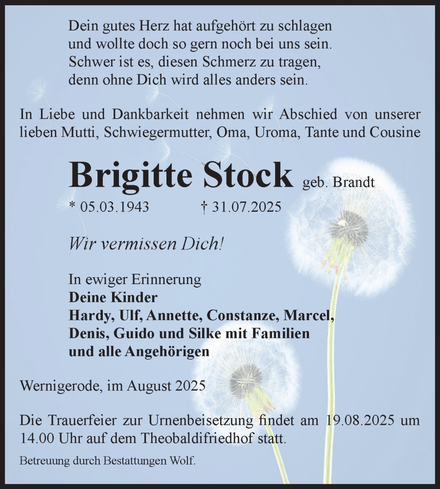  Traueranzeige für Brigitte Stock vom 09.08.2025 aus Volksstimme Wernigerode