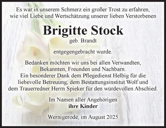 Traueranzeige von Brigitte Stock von Volksstimme Wernigerode