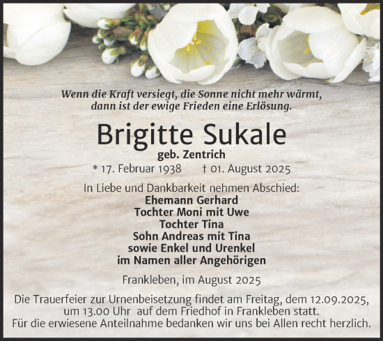 Traueranzeige von Brigitte Sukale von Trauerkombi Merseburg