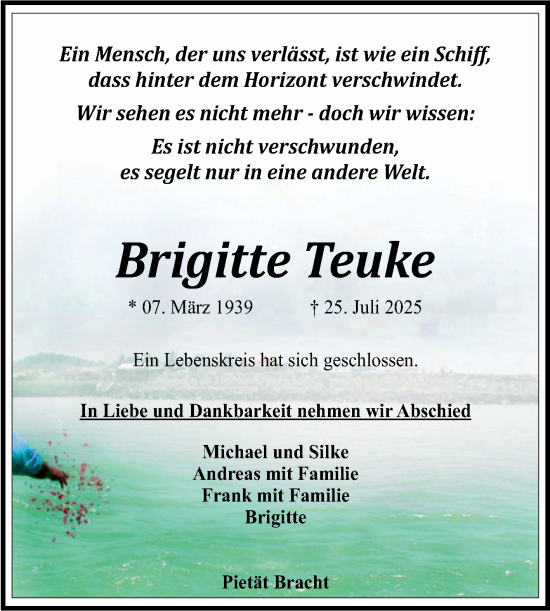 Traueranzeige von Brigitte Teuke von Mitteldeutsche Zeitung Halle/Saalkreis