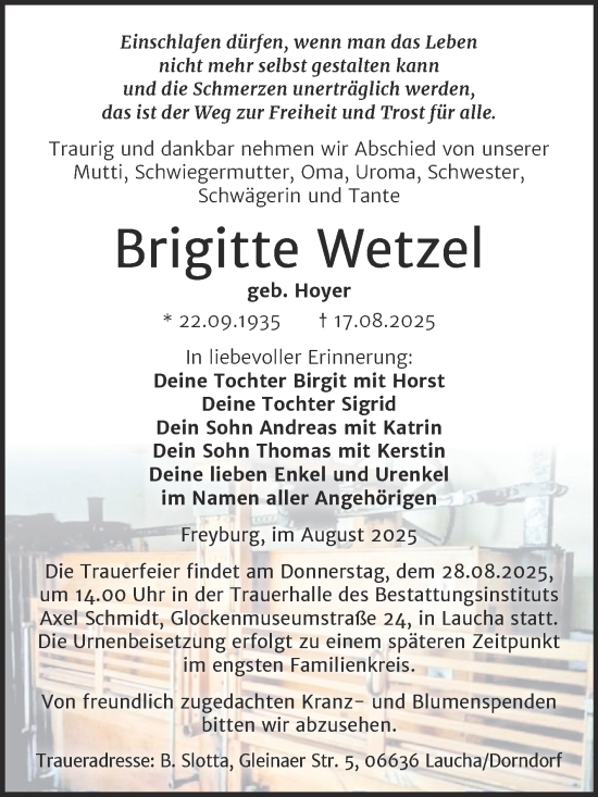 Traueranzeige von Brigitte Wetzel von Naumburger Tageblatt