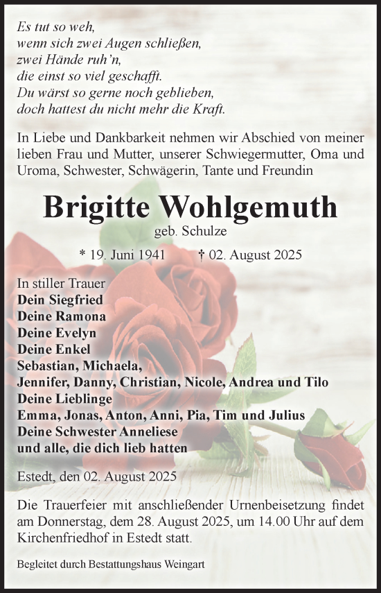 Traueranzeige von Brigitte Wohlgemuth von Volksstimme Altmark West