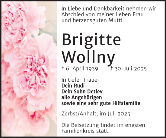 Traueranzeige von Brigitte Wollny von Volksstimme Zerbst
