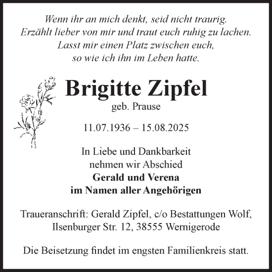 Traueranzeige von Brigitte Zipfel von Volksstimme Wernigerode