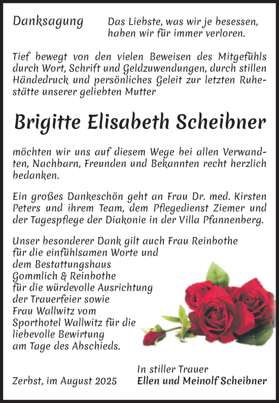 Traueranzeige von Brigitte Elisabeth Scheibner von Volksstimme Zerbst