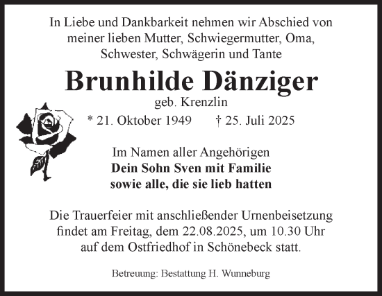 Traueranzeige von Brunhilde Dänziger von Volksstimme Schönebeck