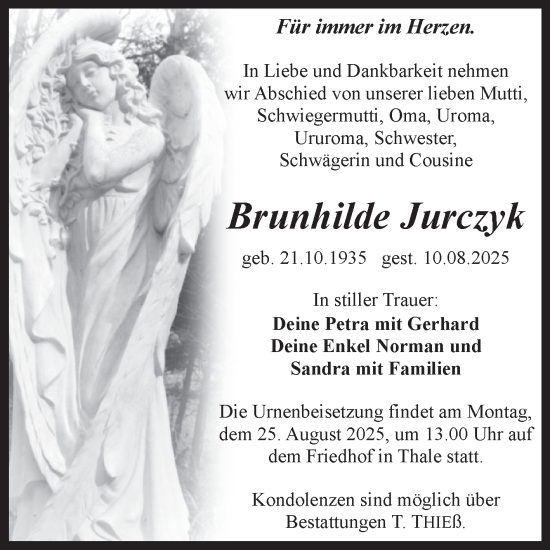 Traueranzeige von Brunhilde Jurczyk von Trauerkombi Quedlinburg