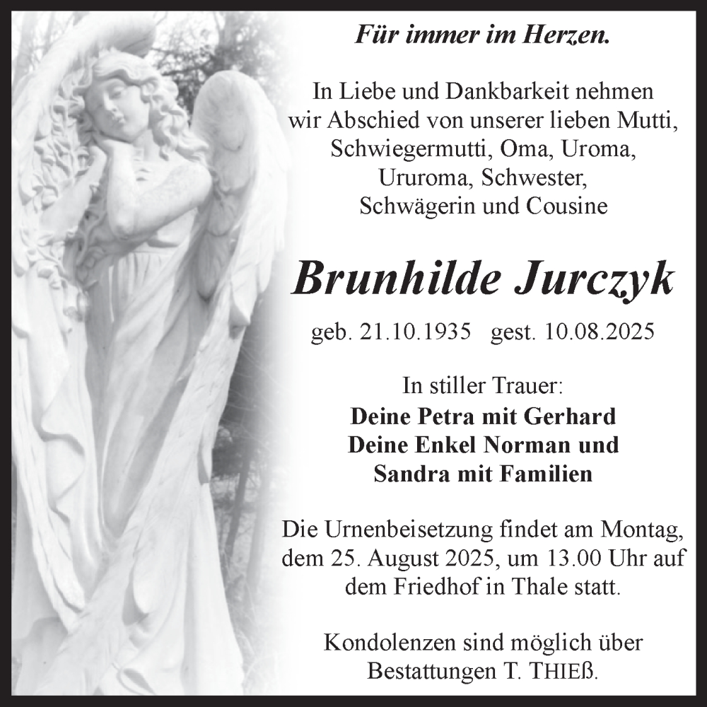  Traueranzeige für Brunhilde Jurczyk vom 16.08.2025 aus Trauerkombi Quedlinburg