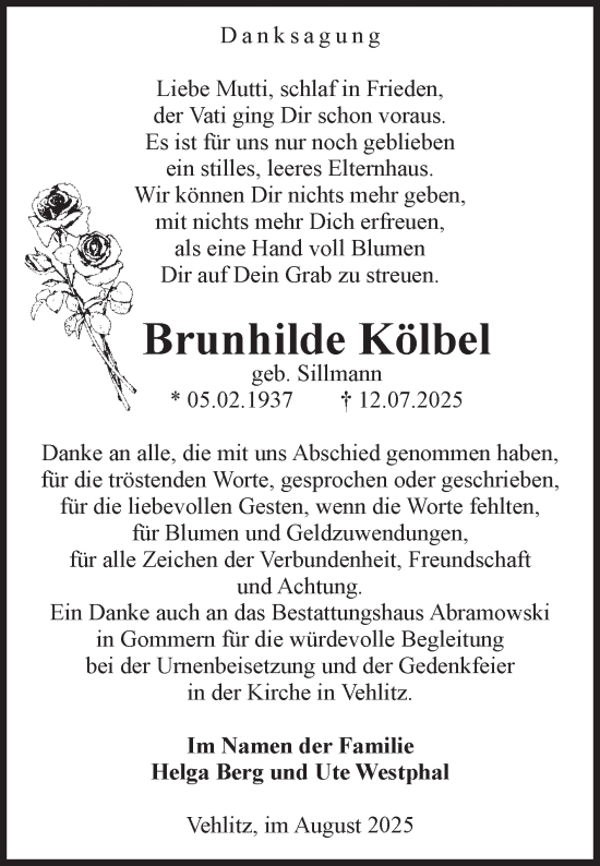 Traueranzeige von Brunhilde Kölbel von Volksstimme Burg/Genthin