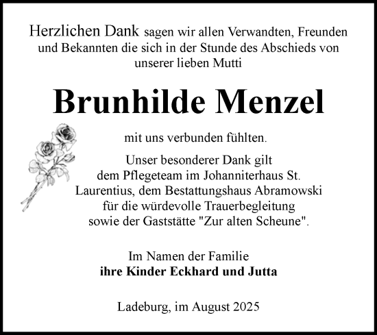 Traueranzeige von Brunhilde Menzel von Volksstimme Zerbst
