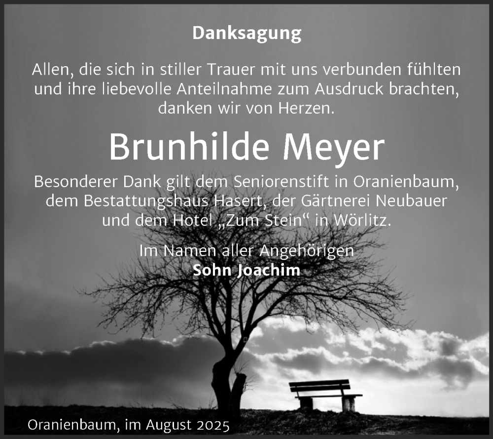  Traueranzeige für Brunhilde Meyer vom 09.08.2025 aus Trauerkombi Wittenberg