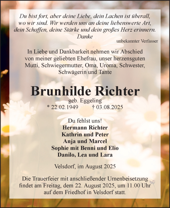 Traueranzeige von Brunhilde Richter von Volksstimme Haldensleben/Wolmirstedt