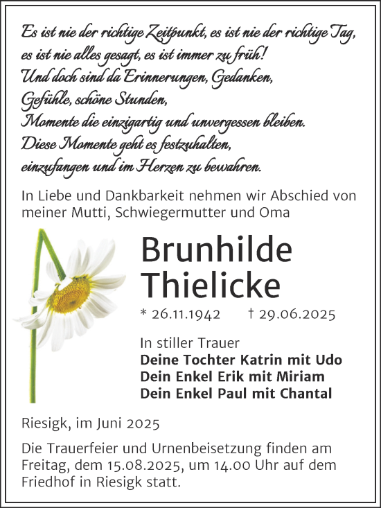 Traueranzeige von Brunhilde Thielicke von Trauerkombi Wittenberg