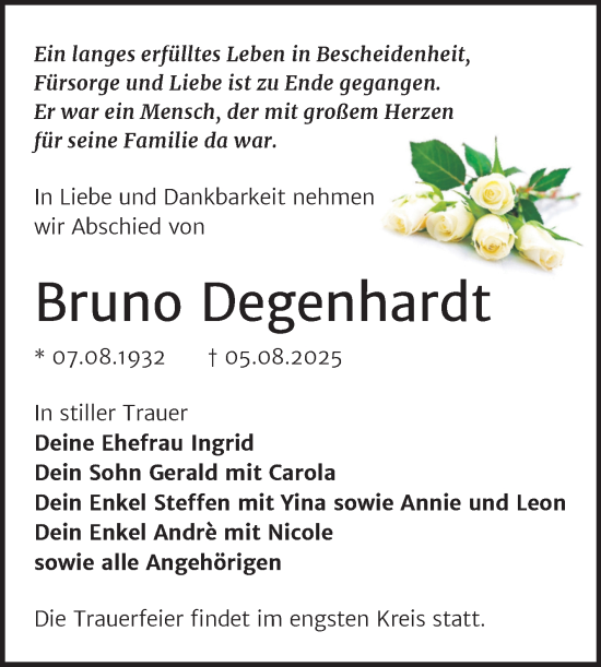 Traueranzeige von Bruno Degenhardt von Trauerkombi Sangerhausen