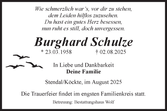 Traueranzeige von Burghard Schulze von Volksstimme Altmark Ost