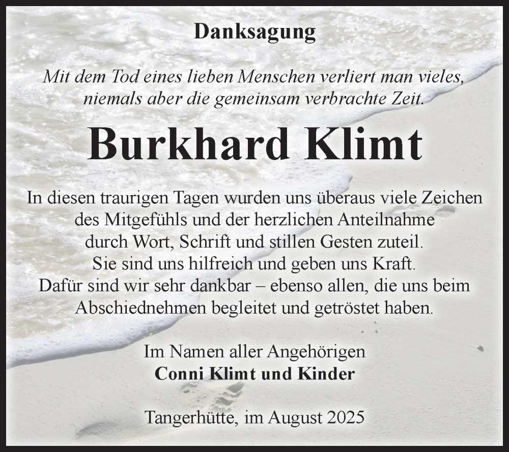  Traueranzeige für Burkhard Klimt vom 30.08.2025 aus Volksstimme Altmark Ost