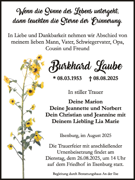 Traueranzeige von Burkhard Laube von Volksstimme Wernigerode