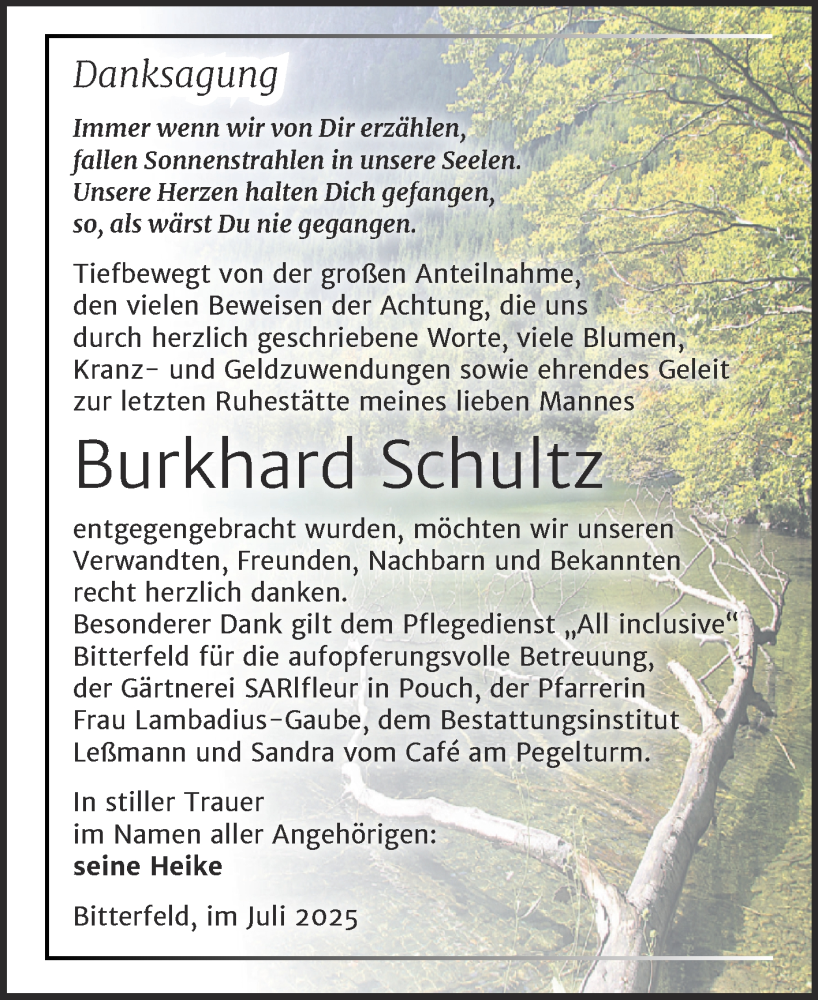  Traueranzeige für Burkhard Schultz vom 02.08.2025 aus Trauerkombi Bitterfeld