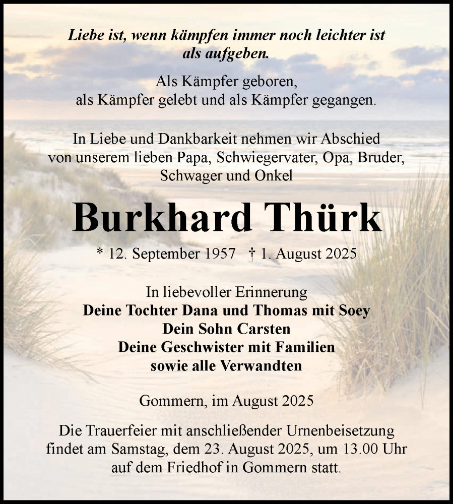  Traueranzeige für Burkhard Thürk vom 09.08.2025 aus Volksstimme Burg/Genthin