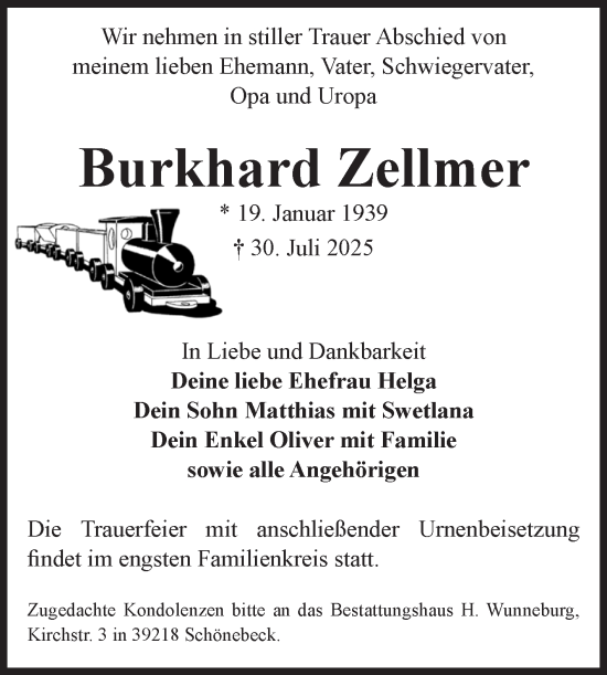Traueranzeige von Burkhard Zellmer von Volksstimme Schönebeck
