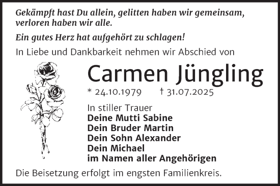 Traueranzeige von Carmen Jüngling von Trauerkombi Wittenberg