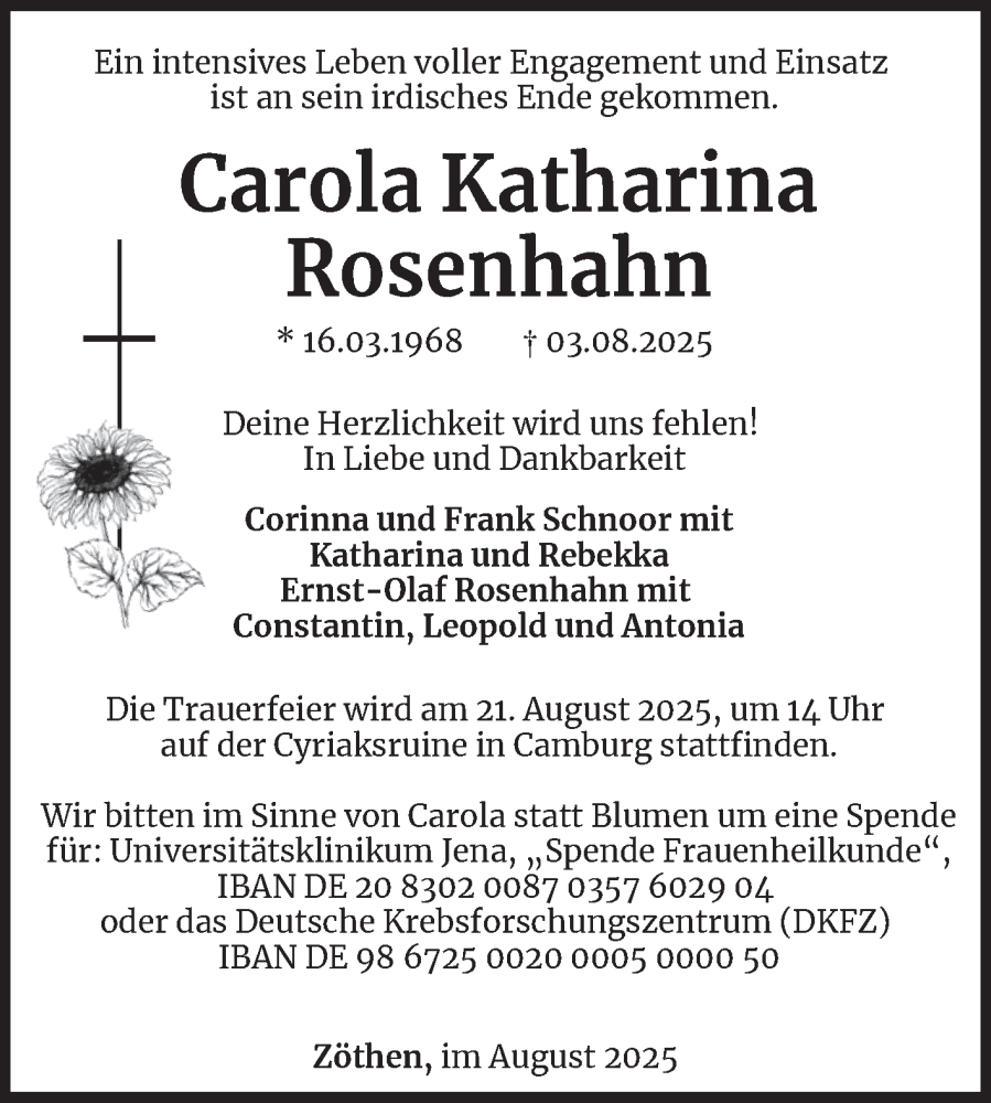 Traueranzeige für Carola Katharina Rosenhahn vom 16.08.2025 aus Super Sonntag Naumburg/Nebra