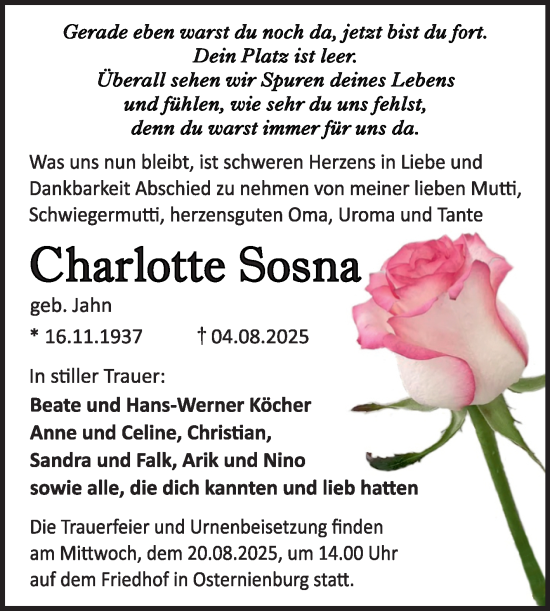 Traueranzeige von Charlotte Sosna von Trauerkombi Köthen