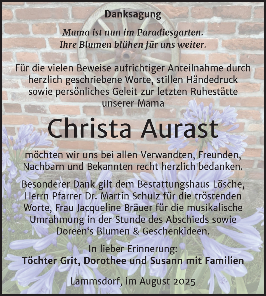  Traueranzeige für Christa Aurast vom 16.08.2025 aus Trauerkombi Wittenberg