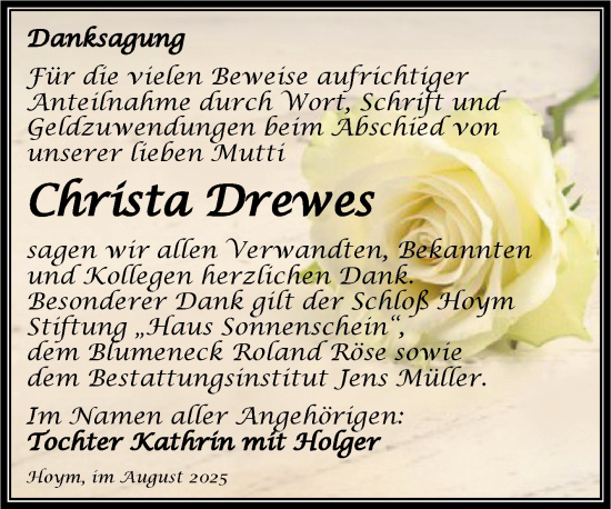 Traueranzeige von Christa Drewes von Trauerkombi Aschersleben