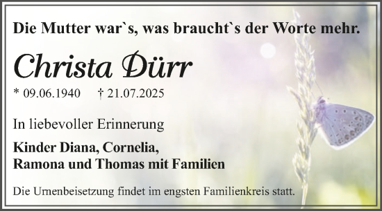 Traueranzeige von Christa Dürr von Trauerkombi Dessau