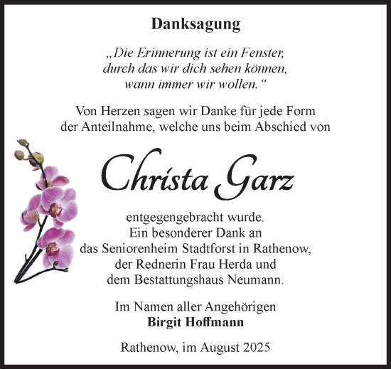 Traueranzeige von Christa Garz von Volksstimme Altmark Ost
