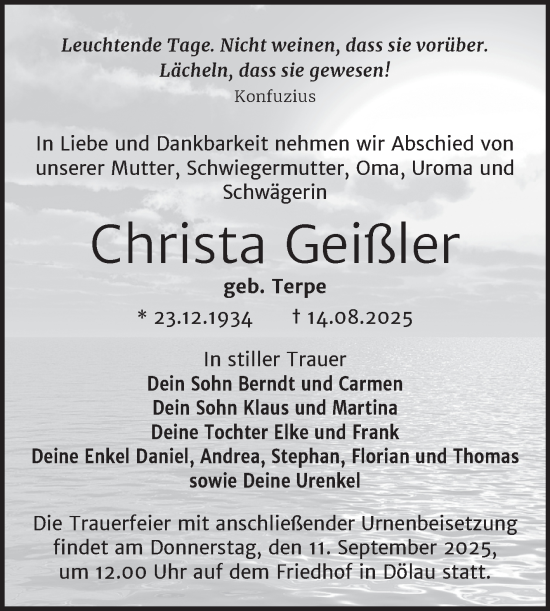 Traueranzeige von Christa Geißler von Mitteldeutsche Zeitung Halle/Saalkreis