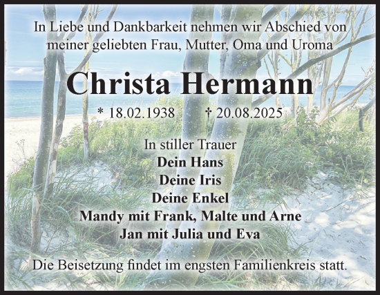 Traueranzeige von Christa Hermann von Trauerkombi Wittenberg