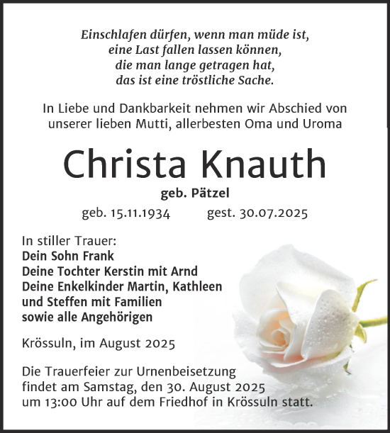 Traueranzeige von Christa Knauth von Trauerkombi Weißenfels