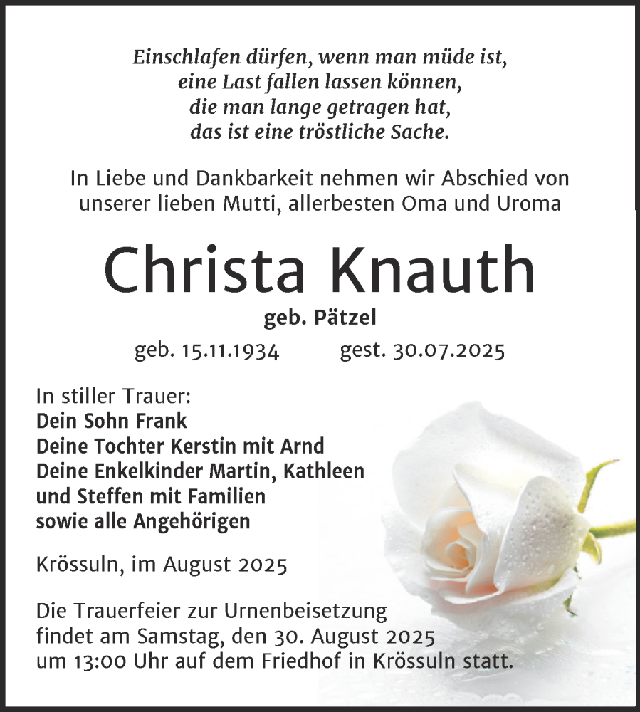  Traueranzeige für Christa Knauth vom 09.08.2025 aus Trauerkombi Weißenfels