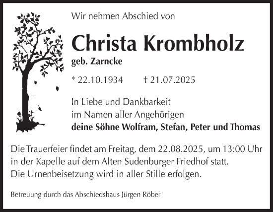 Traueranzeige von Christa Krombholz von Volksstimme Magdeburg